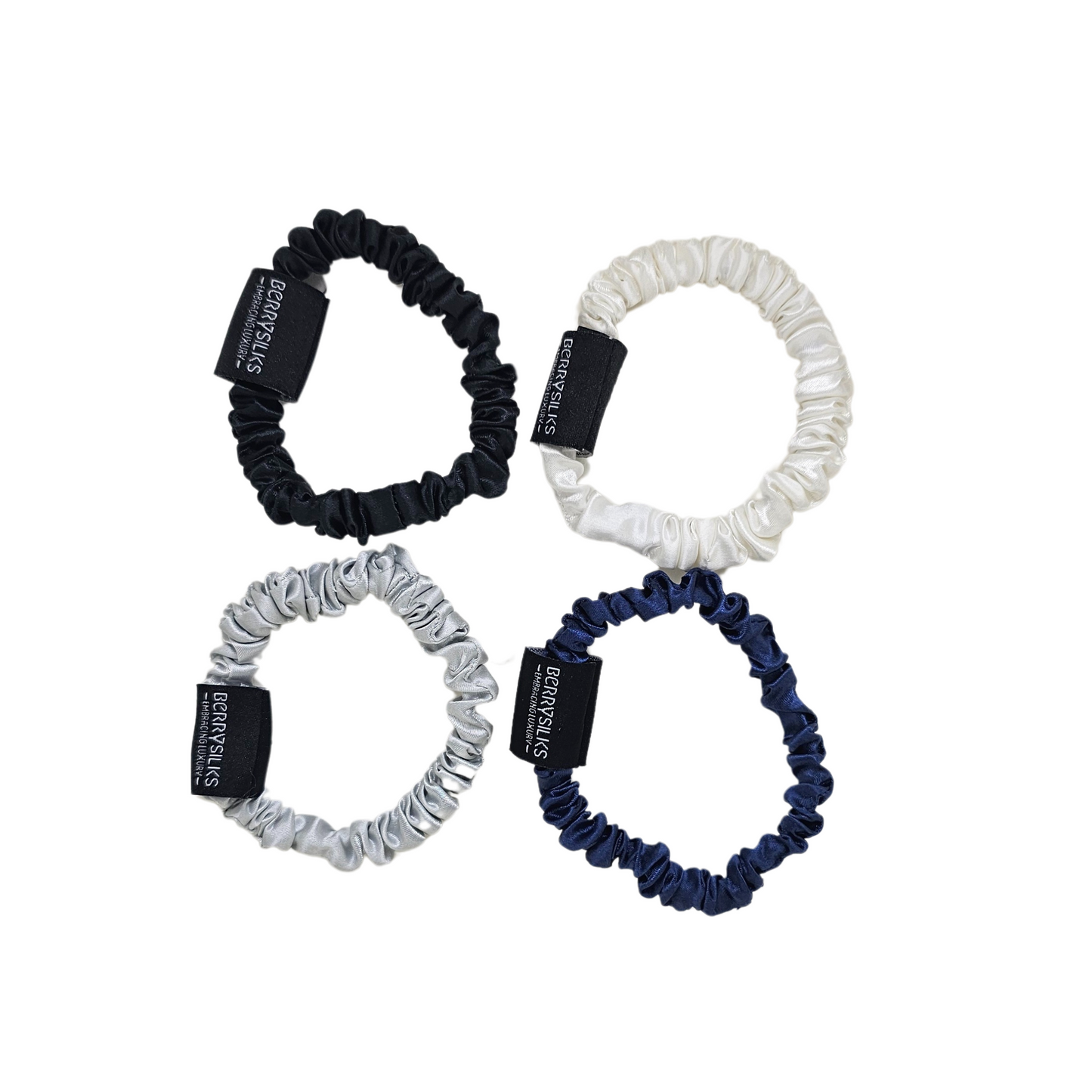 Berrysilks Set of 4 Scrunchies (Skinny) - White, Navy Blue, Black and Silver