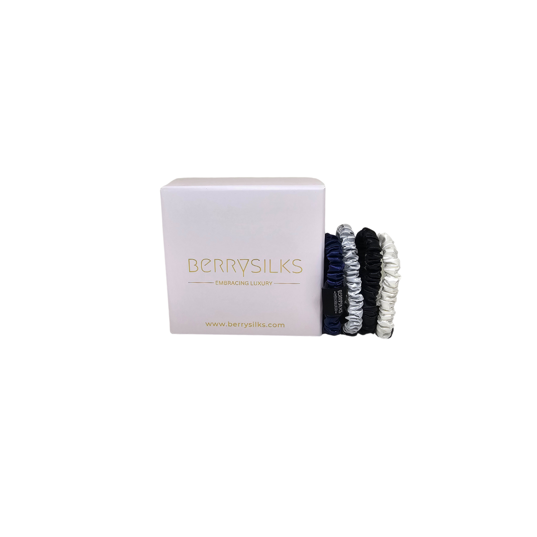 Berrysilks Set of 4 Scrunchies (Skinny) - White, Navy Blue, Black and Silver