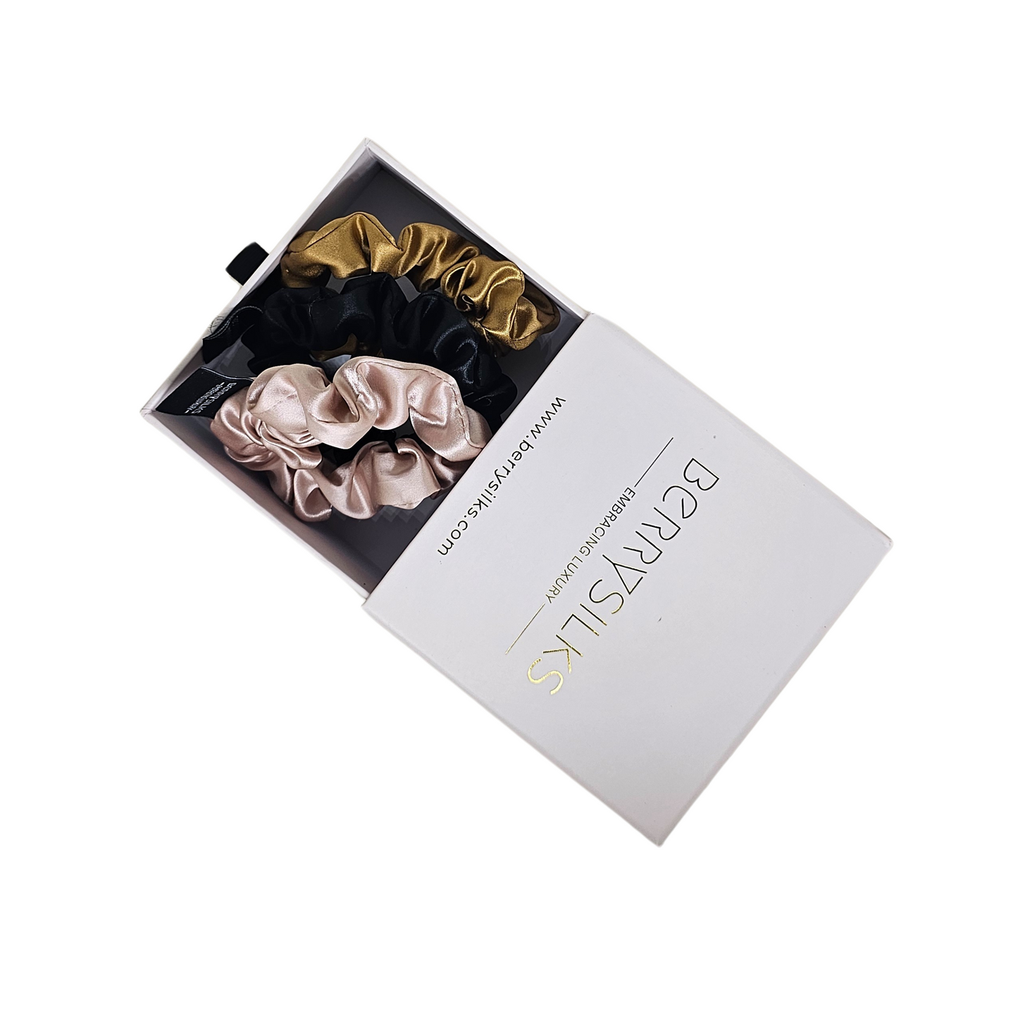 Berrysilks Set of 3 Scrunchies (Regular) - Rosy Pink, Caramel and Black