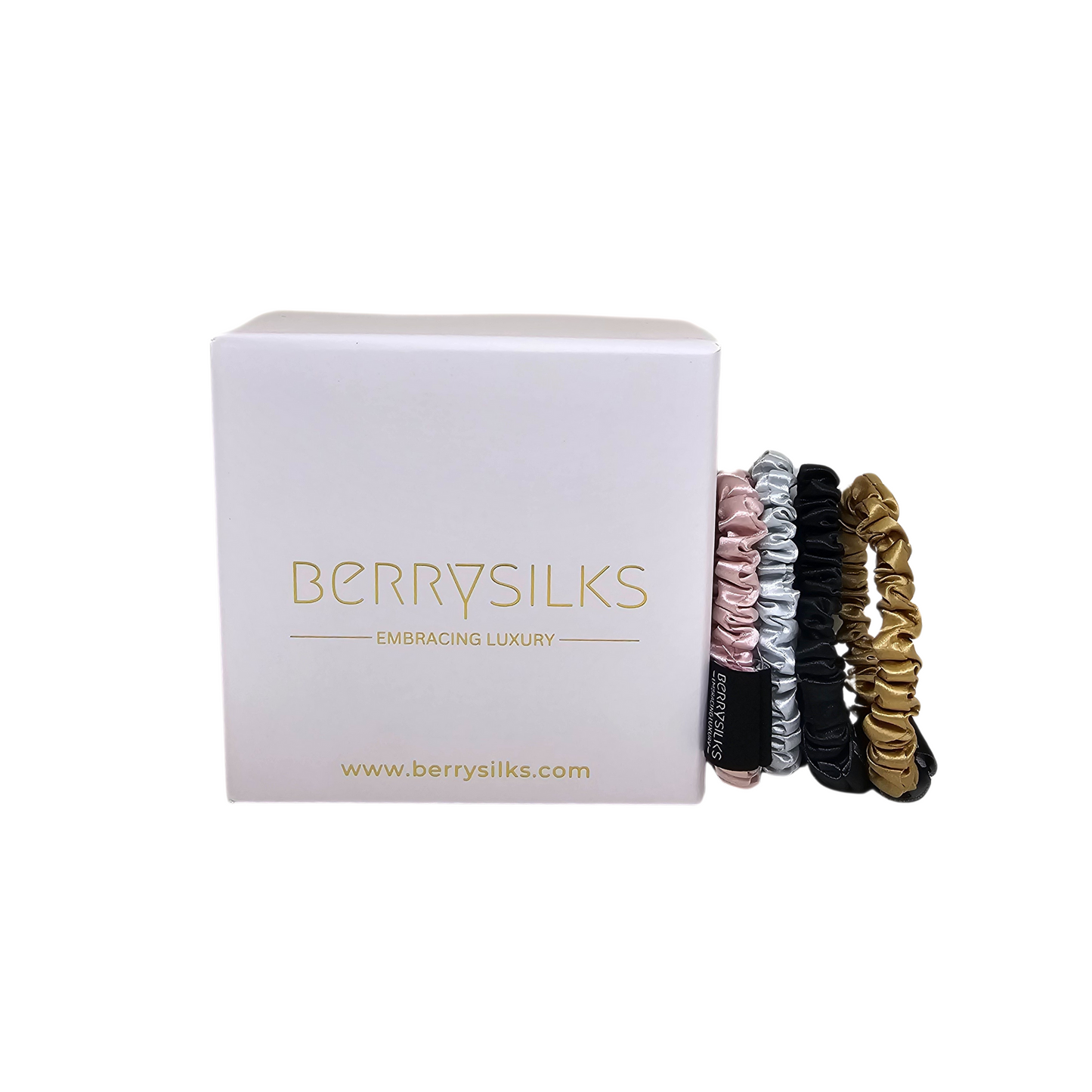 مجموعة من 4 ربطات شعر من Berrysilks (رفيعة) - وردي وردي، كراميل، فضي وأسود 
